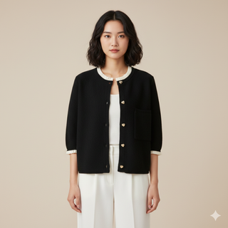 Woman wearing a black jacket with white trim on a beige background