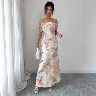 Women's Elegant Floral Maxi Dress – Off-Shoulder Ruffle Bodycon for Wedding Guests
