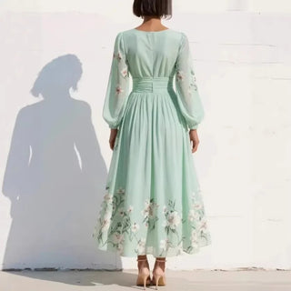 Women's Elegant Floral Maxi Dress – V-Neck Bishop Sleeves & Pleated Skirt for Garden Parties
