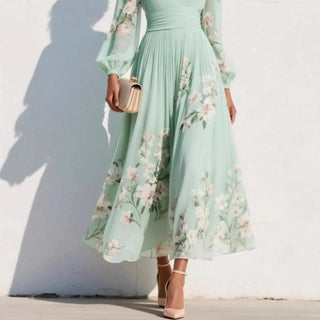 Women's Elegant Floral Maxi Dress – V-Neck Bishop Sleeves & Pleated Skirt for Garden Parties