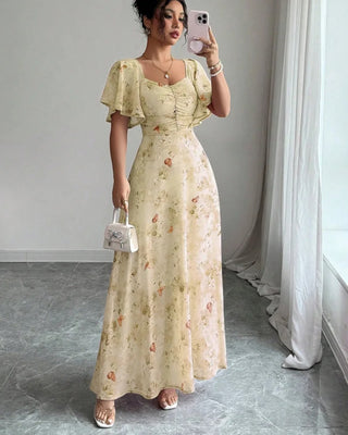 Women's Elegant Floral Maxi Dress – Sweetheart Neckline & Flutter Sleeves for Wedding Guests
