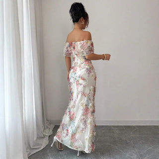 Women's Elegant Floral Maxi Dress – Off-Shoulder Ruffle Bodycon for Wedding Guests