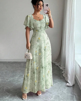 Women's Elegant Floral Maxi Dress – Sweetheart Neckline & Flutter Sleeves for Wedding Guests