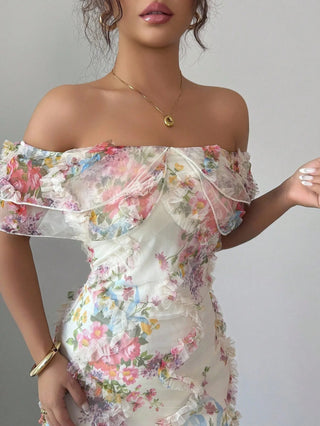 Women's Elegant Floral Maxi Dress – Off-Shoulder Ruffle Bodycon for Wedding Guests