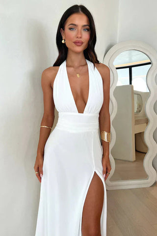 Women's Elegant White Maxi Dress – Flowing Silhouette with Side Split for Summer Events