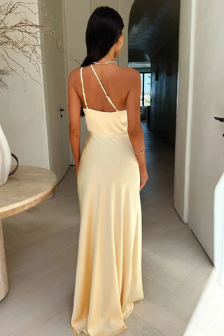 Women's Elegant Asymmetrical Maxi Dress – Silky Beige with Bold Slit for Weddings