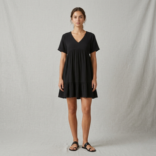 Woman wearing a black dress against a plain background