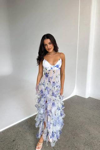 Women's Elegant Floral Maxi Dress – Ruffled Corset White for Weddings & Summer Events