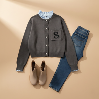 Gray cardigan with 'S' patch, blue jeans, and beige boots on a beige background