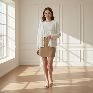 Woman in a white blazer and beige skirt standing in a sunlit room with wooden floor and white walls.