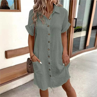 Women's Elegant Midi Shirt Dress – Lightweight Cotton Blend with Pockets for Summer Wear