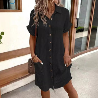 Women's Elegant Midi Shirt Dress – Lightweight Cotton Blend with Pockets for Summer Wear