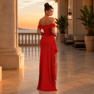 Women's Elegant Off-Shoulder Maxi Dress – High Side Split for Weddings & Evening Events