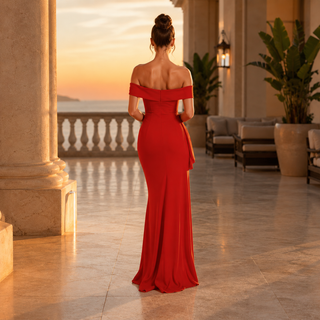 Women's Elegant Off-Shoulder Maxi Dress – High Side Split for Weddings & Evening Events