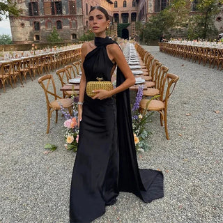 Women's Elegant Asymmetrical Strap Maxi Dress – Draped Silhouette for Weddings & Formal Events