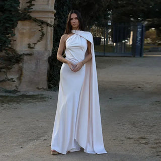 Women's Elegant Asymmetrical Strap Maxi Dress – Draped Silhouette for Weddings & Formal Events