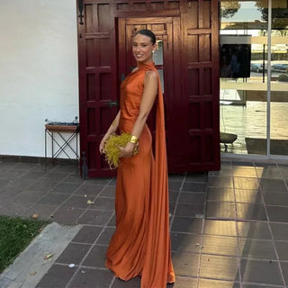 Women's Elegant Asymmetrical Strap Maxi Dress – Draped Silhouette for Weddings & Formal Events
