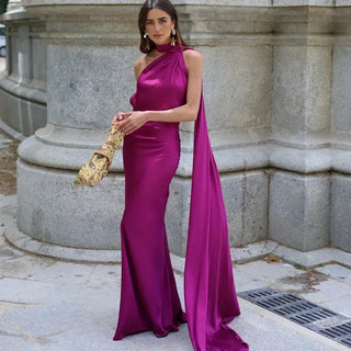 Women's Elegant Asymmetrical Strap Maxi Dress – Draped Silhouette for Weddings & Formal Events