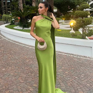 Women's Elegant Asymmetrical Strap Maxi Dress – Draped Silhouette for Weddings & Formal Events