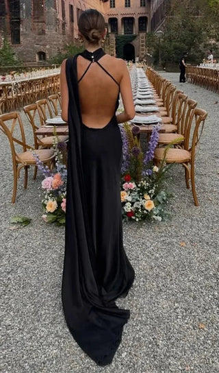Women's Elegant Asymmetrical Strap Maxi Dress – Draped Silhouette for Weddings & Formal Events