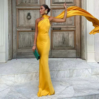 Women's Elegant Asymmetrical Strap Maxi Dress – Draped Silhouette for Weddings & Formal Events