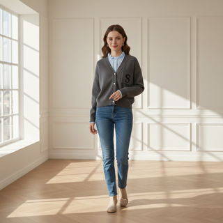 Woman standing in a bright room with sunlight streaming through a window, wearing a gray cardigan and blue jeans.