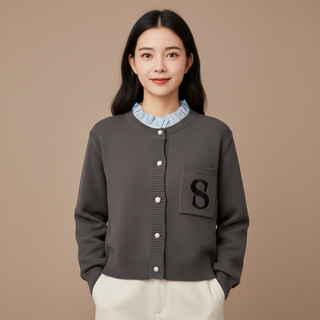 Woman wearing a gray cardigan with a pocket featuring the letter 'S' on a beige background