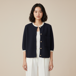 Woman wearing a navy blue cardigan over a white top and pants on a beige background