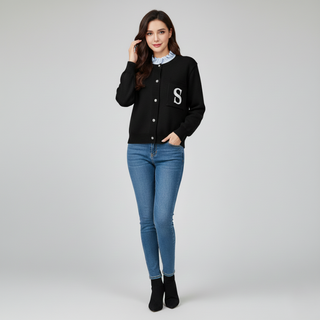 Woman wearing a black varsity jacket with a white letter 'S' on a gray background