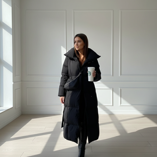 Woman in a long black coat holding a coffee cup in a sunlit room with white paneled walls.
