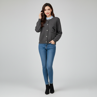 Woman wearing a gray varsity jacket with a letter 'S' patch, blue jeans, and black shoes on a white background.