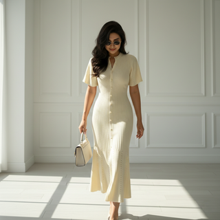 Model wears a beige knitted dress with a ribbed texture, button placket and feminine lines in a bright studio shot.
