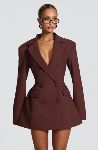 Women's Elegant Blazer Dress – Double-Breasted Shoulder Pads for Formal Events