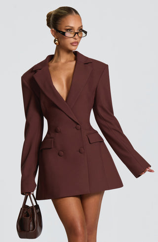 Women's Elegant Blazer Dress – Double-Breasted Shoulder Pads for Formal Events