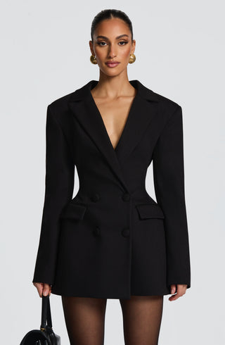 Women's Elegant Blazer Dress – Double-Breasted Shoulder Pads for Formal Events