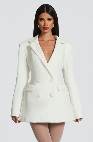Women's Elegant Blazer Dress – Double-Breasted Shoulder Pads for Formal Events