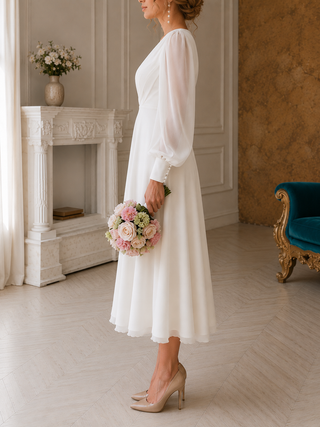 Women's Elegant Wedding Midi Dress – Long Puff Sleeves Slim Fit for Bridal & Formal Events