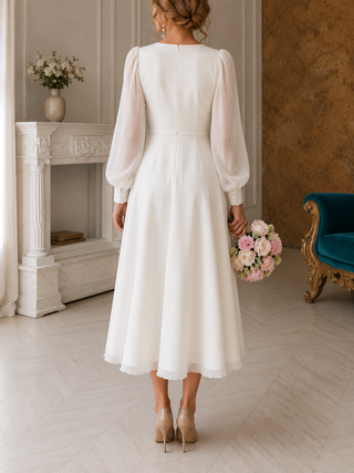 Women's Elegant Wedding Midi Dress – Long Puff Sleeves Slim Fit for Bridal & Formal Events