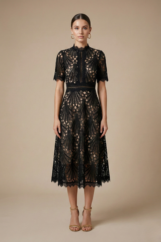 Women's Elegant Lace Midi Dress – High Neck with Cutwork Detail for Wedding Guests