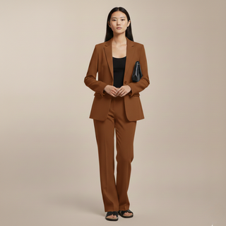 Woman wearing a brown suit on a beige background