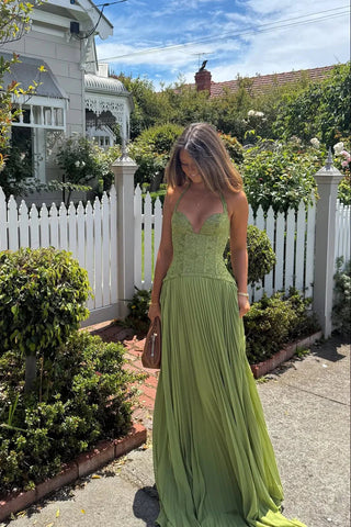 Women's Elegant Green Corset Maxi Dress – Pleated Skirt Slim Fit for Weddings & Summer Events