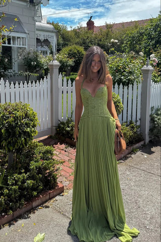 Women's Elegant Green Corset Maxi Dress – Pleated Skirt Slim Fit for Weddings & Summer Events