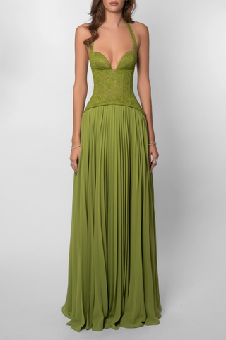 Women's Elegant Green Corset Maxi Dress – Pleated Skirt Slim Fit for Weddings & Summer Events