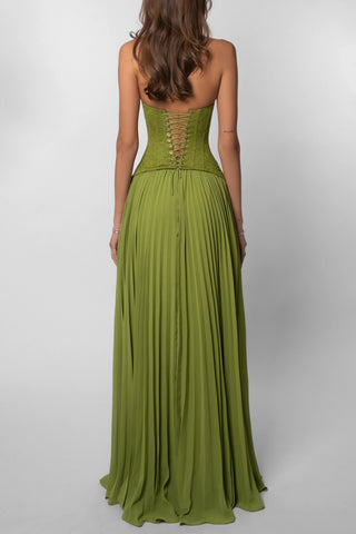 Women's Elegant Green Corset Maxi Dress – Pleated Skirt Slim Fit for Weddings & Summer Events