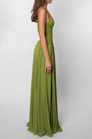 Women's Elegant Green Corset Maxi Dress – Pleated Skirt Slim Fit for Weddings & Summer Events