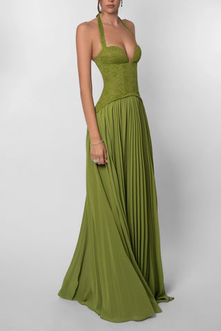 Women's Elegant Green Corset Maxi Dress – Pleated Skirt Slim Fit for Weddings & Summer Events