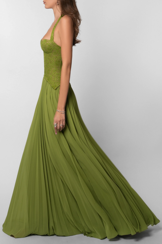 Women's Elegant Green Corset Maxi Dress – Pleated Skirt Slim Fit for Weddings & Summer Events