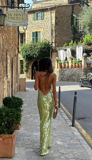 Women's Elegant Green Sequin Maxi Dress – Backless Adjustable Straps for Evening Events