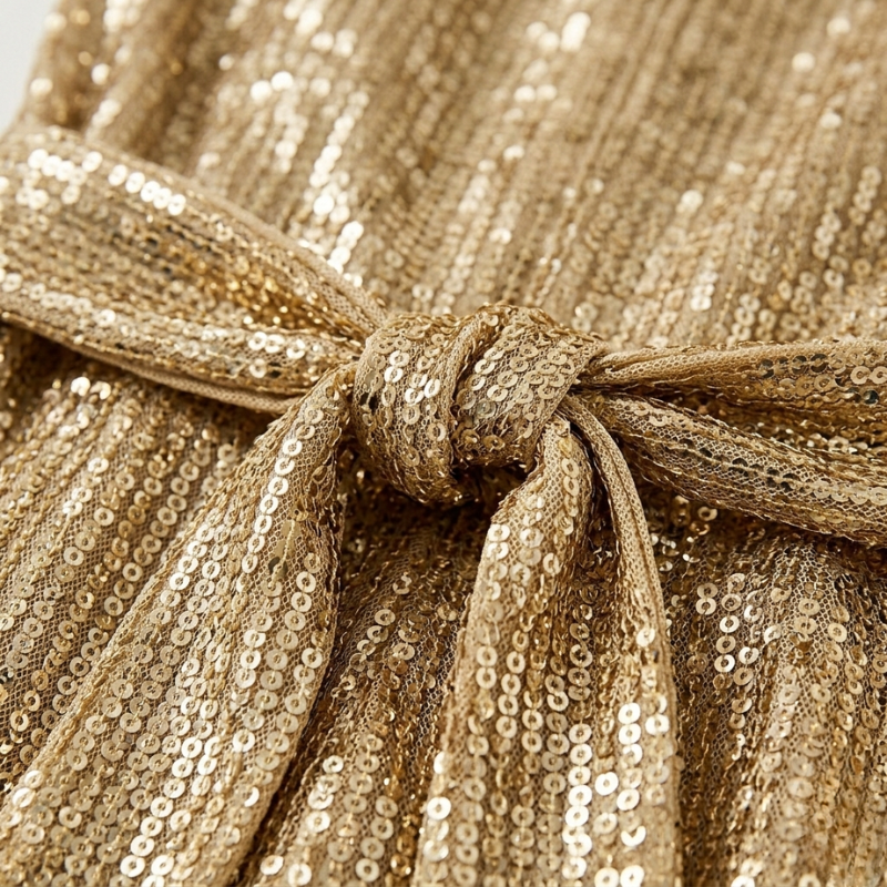 Close-up of a gold sequin fabric with a knot