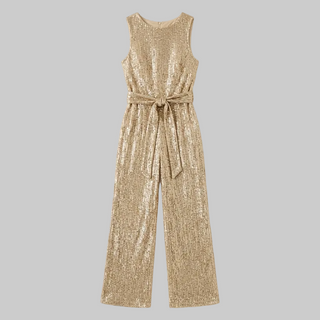 Gold sequin jumpsuit on a light beige background